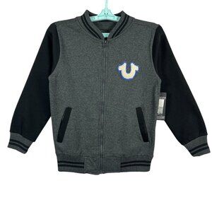 True Religion Boys Graphic Zip-Up Jacket M (10/12) Black & Gray Ribbed Trim NWT